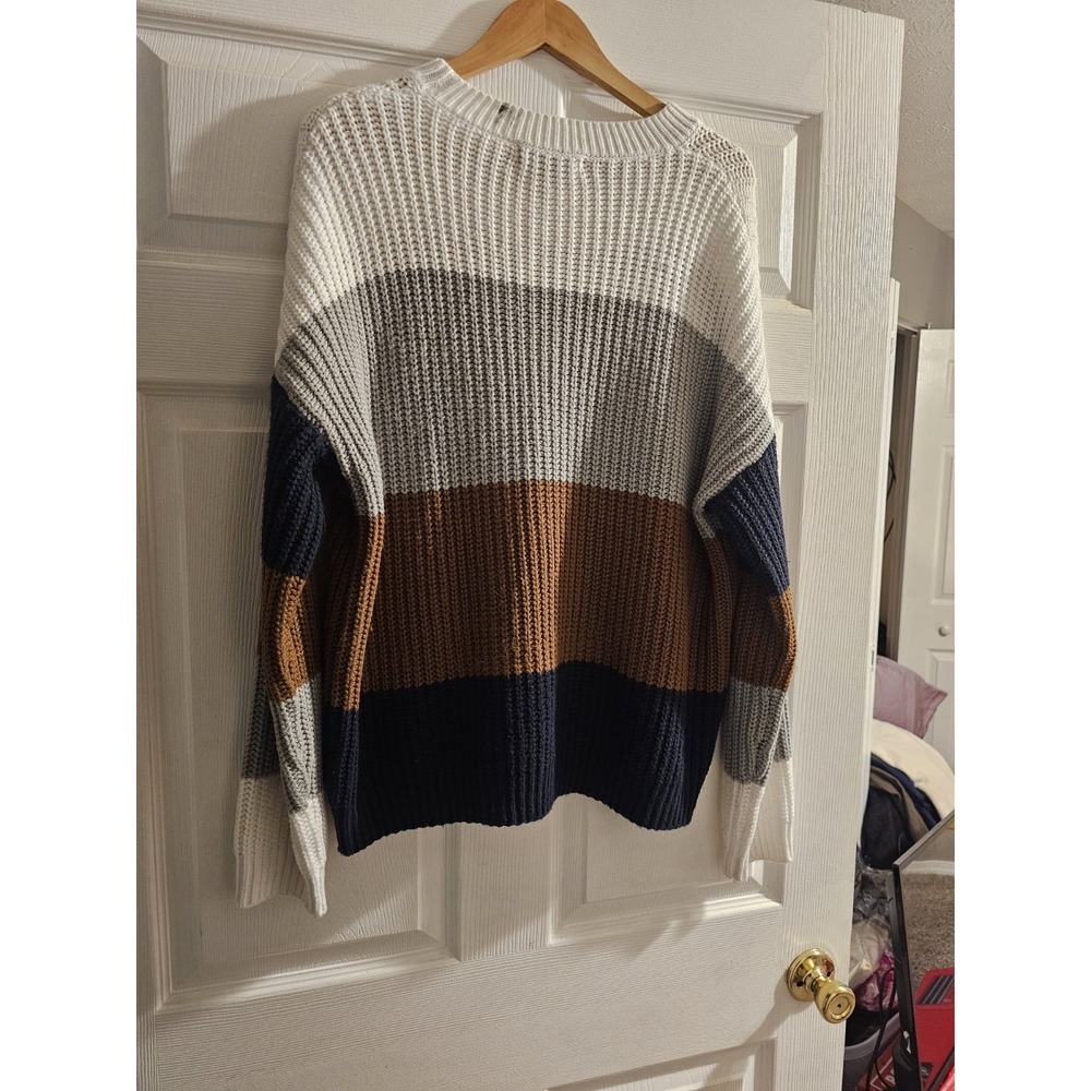 Merokeety Women’s XL Chunky Knit Color Block Sweater Crewneck Cozy Fall - Picture 6 of 8